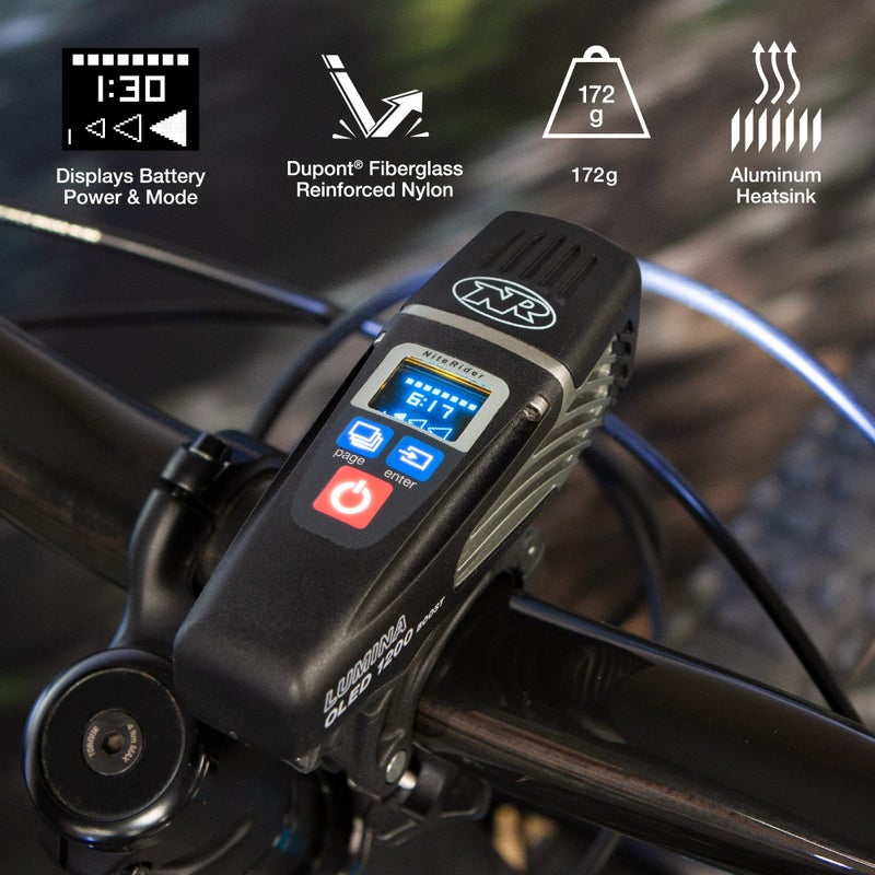 NiteRider نظام إضاءة دراجة نيت رايدر لومينا OLED بقوة 1200 لومن قابل لإعادة الشحن عبر USB - ضوء أمامي للدراجة مع شاشة OLED قابل لإعادة الشحن عبر USB 9 أوضاع مقاوم للماء IP64 للدراجات على الطرق والدراجات الجبلية والدراجات الكهربائية لسلامة ركوب الليل - Image 4